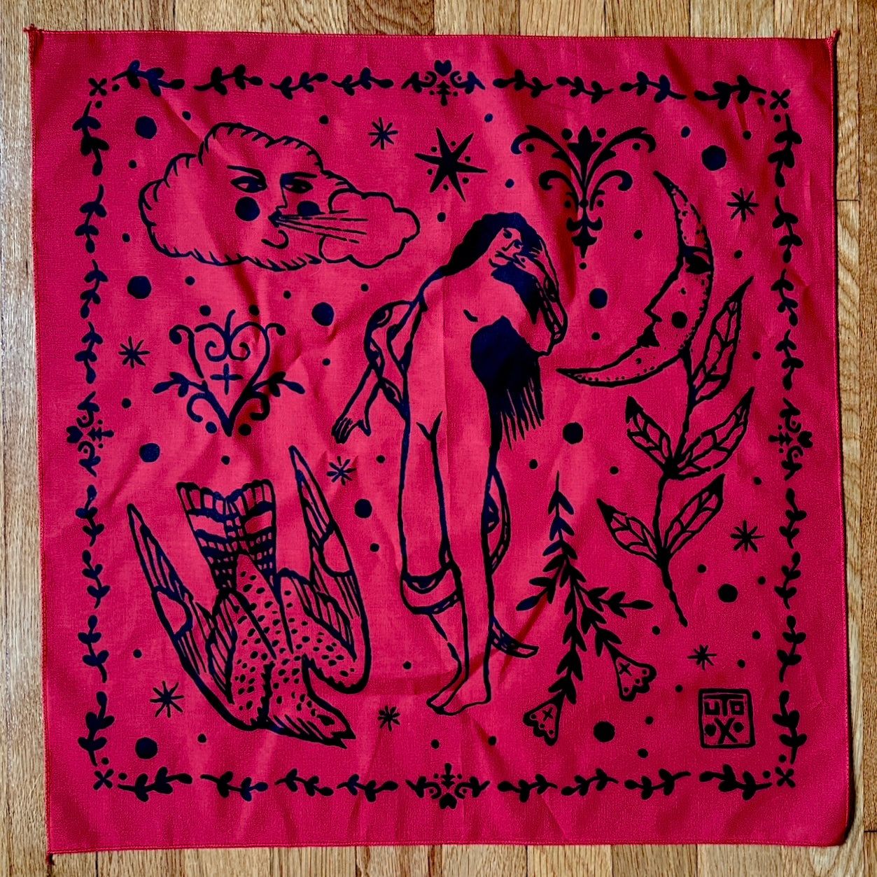 Folk Art Print Bandana | Screen Print Scarf | Medieval Print Bandana | Tarot Cloth | Mystic Graphic Bandana | Red Bandana | Floral Bandana