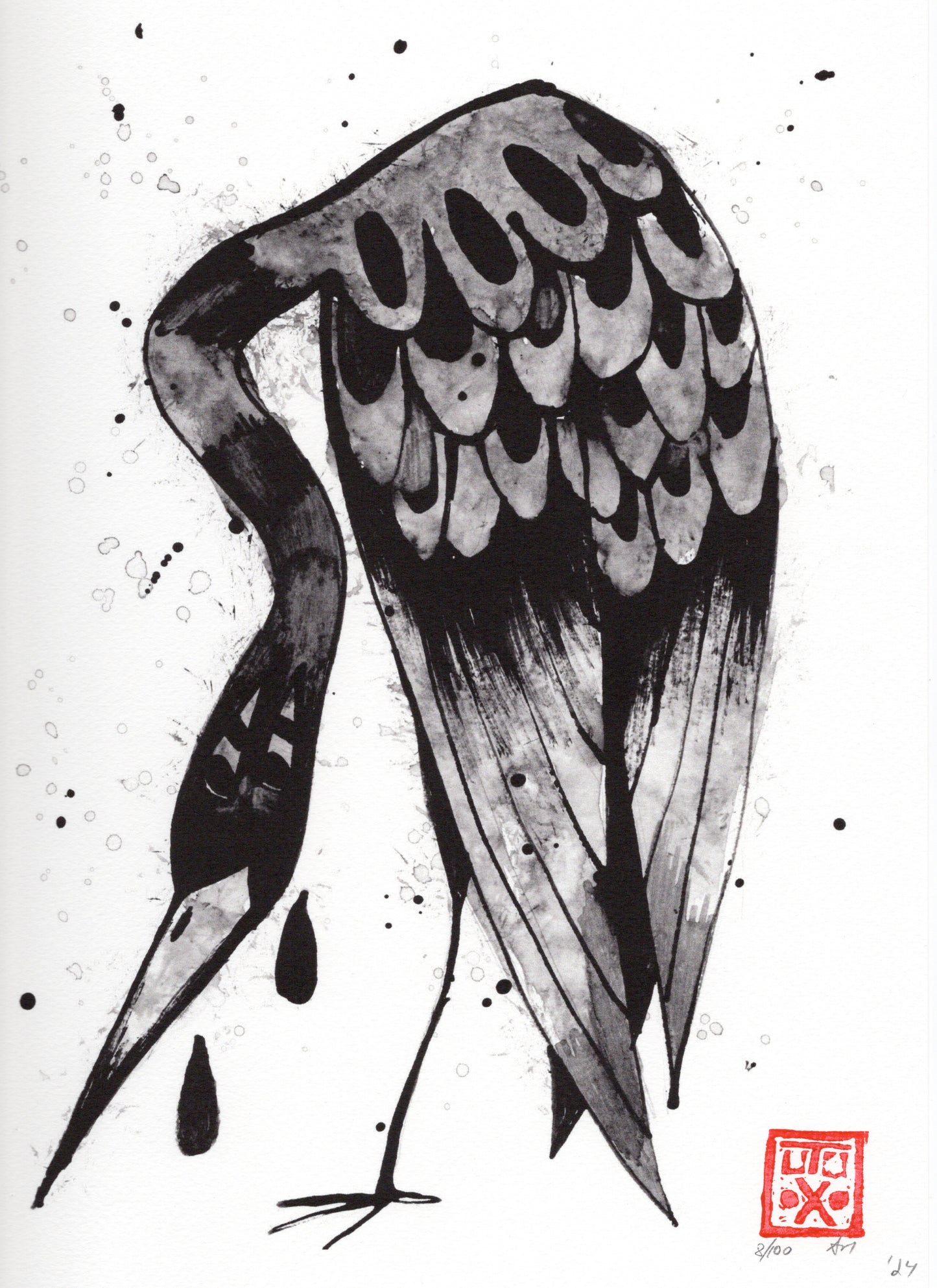 Crane Print Signed Art Print, 9x12 Limited Edition, Black Ink Drawing Art Unique Home Decor, Above Bed Wall Art Nature Print Modern Art