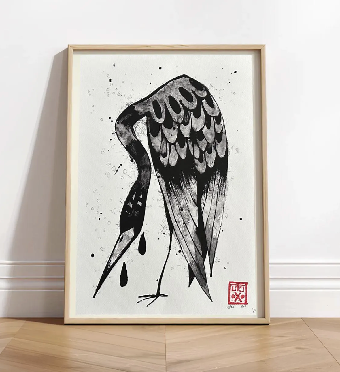 Crane Print Signed Art Print, 9x12 Limited Edition, Black Ink Drawing Art Unique Home Decor, Above Bed Wall Art Nature Print Modern Art
