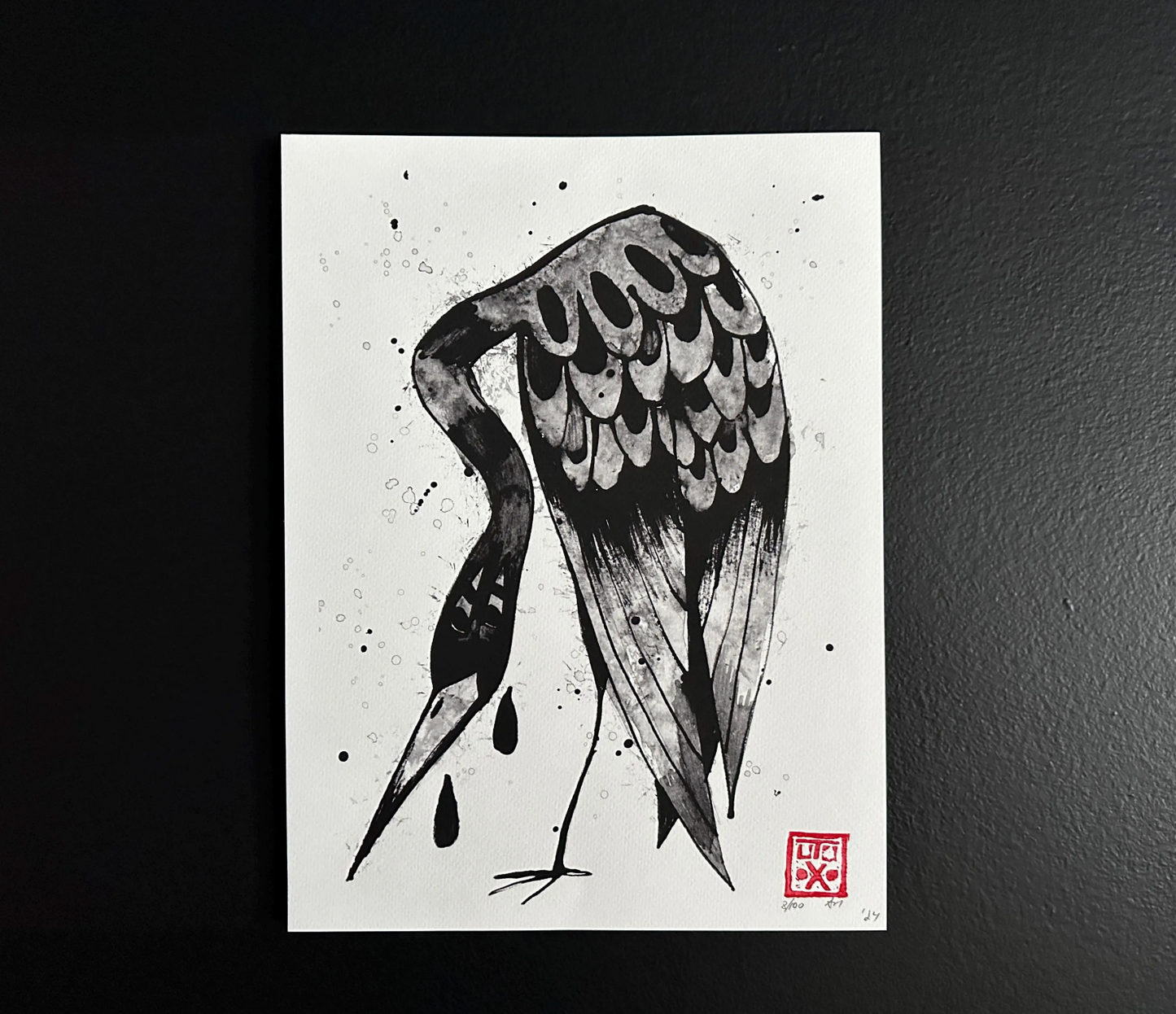 Crane Print Signed Art Print, 9x12 Limited Edition, Black Ink Drawing Art Unique Home Decor, Above Bed Wall Art Nature Print Modern Art