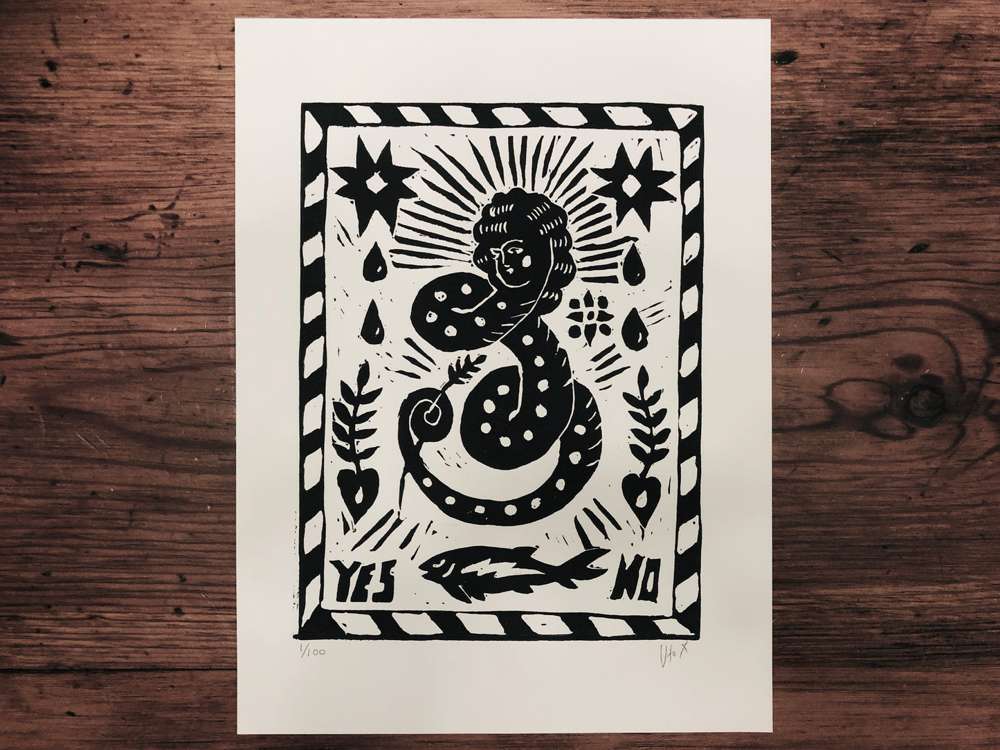 Original Signed Linocut Print | 9x12 | Folk Art | Tattoo Art | Lady Art Print | Goth Wall Decor | Witchy Art Print | Numbered Signed Print