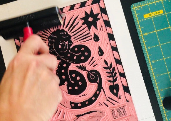 Original Signed Linocut Print | 9x12 | Folk Art | Tattoo Art | Lady Art Print | Goth Wall Decor | Witchy Art Print | Numbered Signed Print