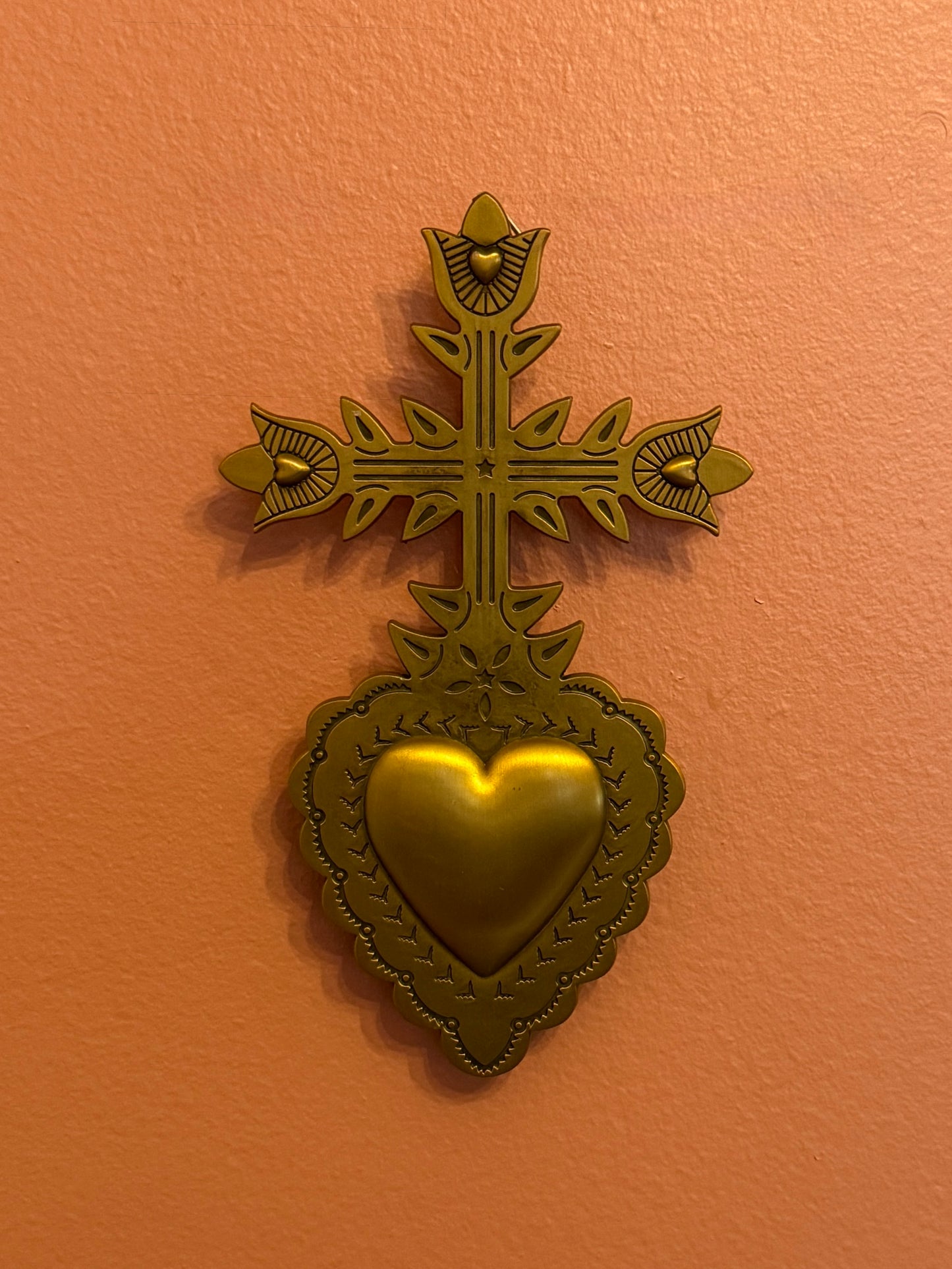 Brass Sacred Heart Wall Art Goth Religious Gold Wall Hanging Eclectic Esoteric Gift for Artist Metal Golden Catholic Milagro Cross Decor