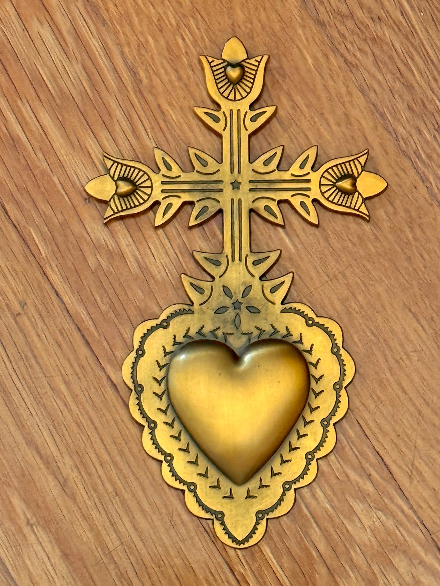 Brass Sacred Heart Wall Art Goth Religious Gold Wall Hanging Eclectic Esoteric Gift for Artist Metal Golden Catholic Milagro Cross Decor