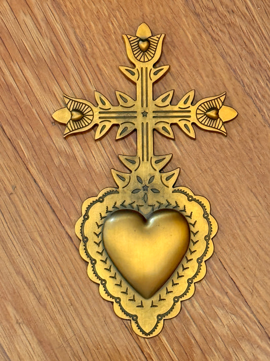 Brass Sacred Heart Wall Art Goth Religious Gold Wall Hanging Eclectic Esoteric Gift for Artist Metal Golden Catholic Milagro Cross Decor