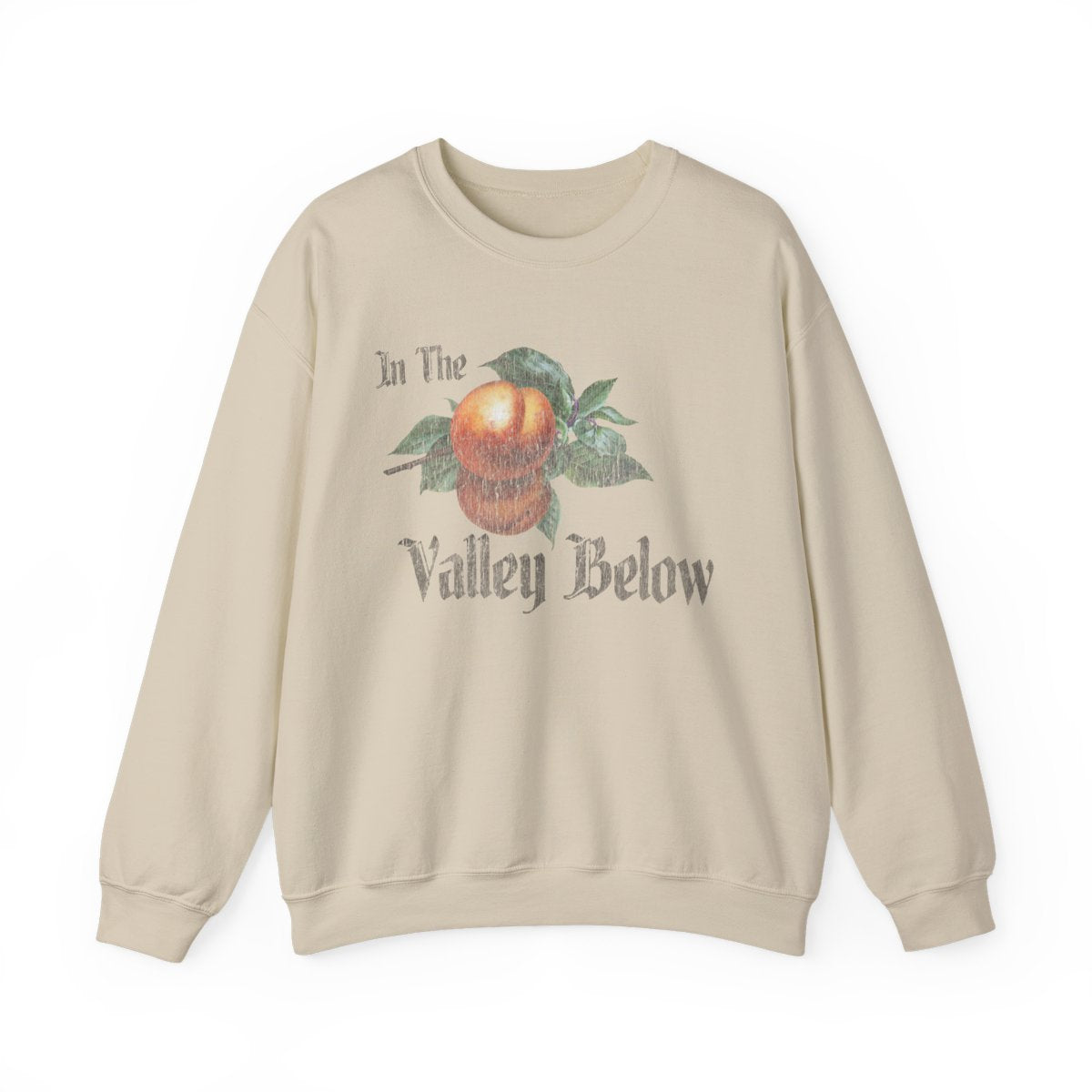 Beige sweatshirt with graphic design and text on a white background
