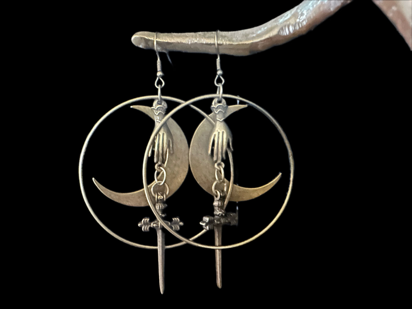 Large Brass Moon Sword Earrings | Hoop Hand Goth Metal Witchy Earrings | Chandelier Dangle Crescent Moon Jewelry | Witch Gift Earrings