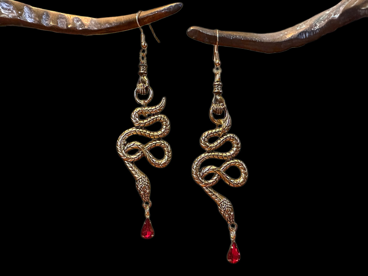 Large Snake Earrings Gold Metal Ruby | Snake Hand Goth Metal Witchy Earrings | Chandelier Dangle Serpent Jewelry | Witch Gift Earrings