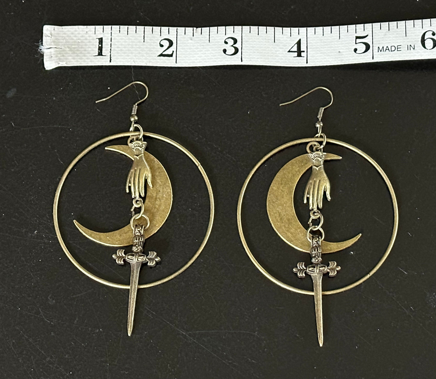 Large Brass Moon Sword Earrings | Hoop Hand Goth Metal Witchy Earrings | Chandelier Dangle Crescent Moon Jewelry | Witch Gift Earrings