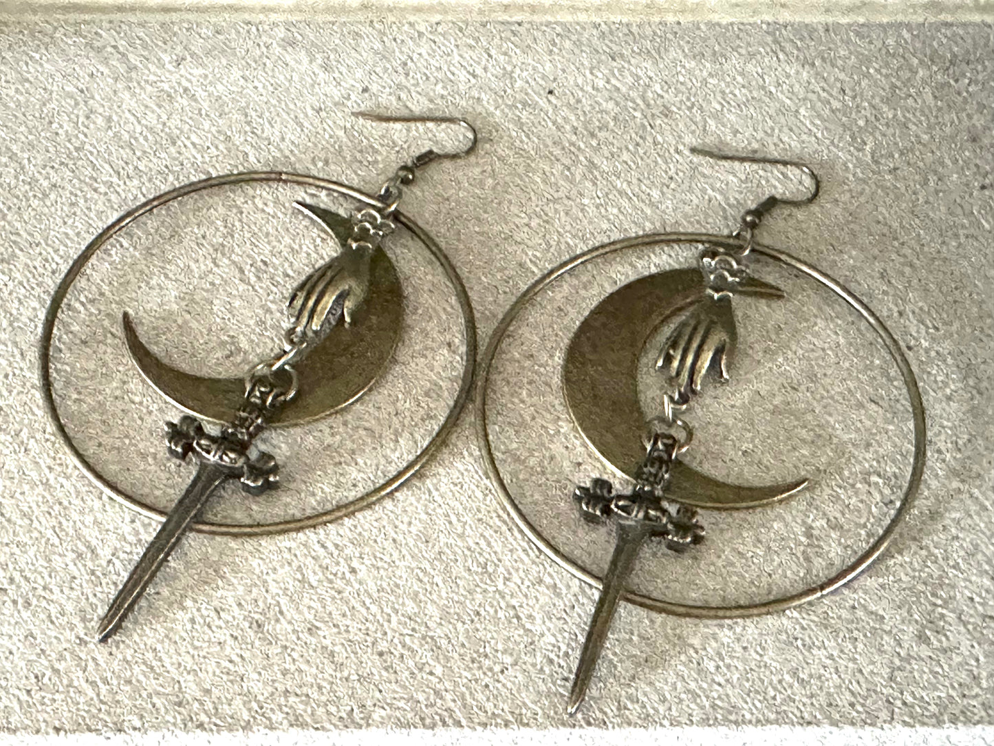 Large Brass Moon Sword Earrings | Hoop Hand Goth Metal Witchy Earrings | Chandelier Dangle Crescent Moon Jewelry | Witch Gift Earrings