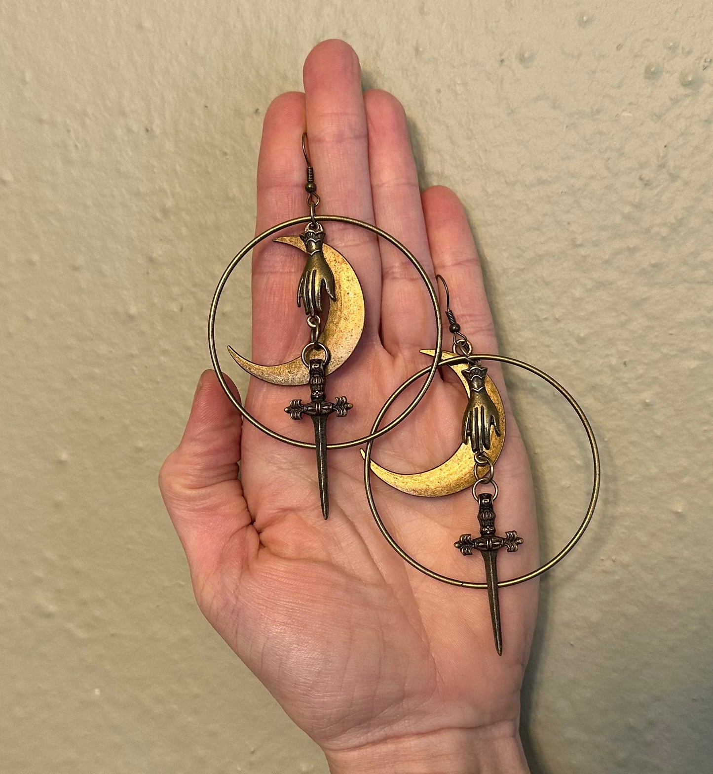 Large Brass Moon Sword Earrings | Hoop Hand Goth Metal Witchy Earrings | Chandelier Dangle Crescent Moon Jewelry | Witch Gift Earrings