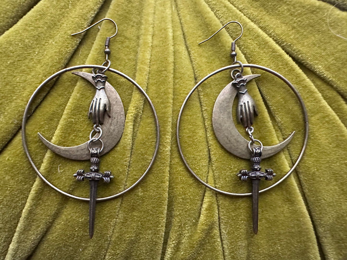 Large Brass Moon Sword Earrings | Hoop Hand Goth Metal Witchy Earrings | Chandelier Dangle Crescent Moon Jewelry | Witch Gift Earrings