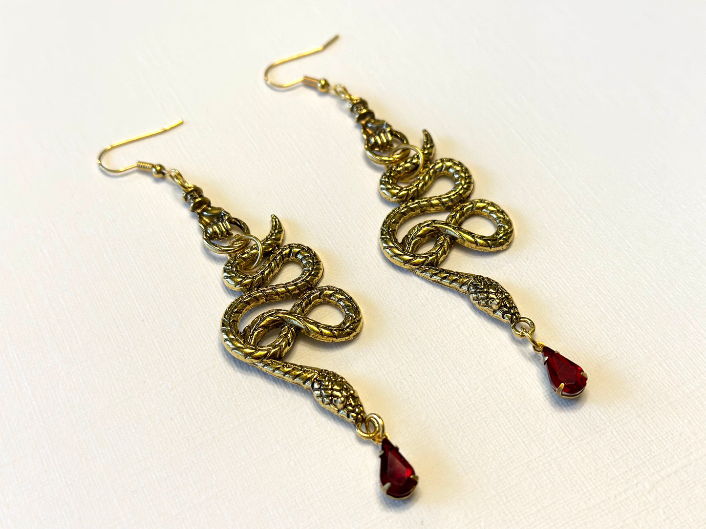 Large Snake Earrings Gold Metal Ruby | Snake Hand Goth Metal Witchy Earrings | Chandelier Dangle Serpent Jewelry | Witch Gift Earrings