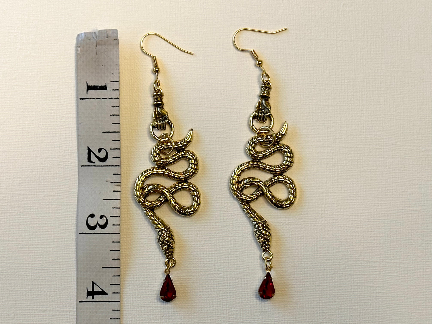 Large Snake Earrings Gold Metal Ruby | Snake Hand Goth Metal Witchy Earrings | Chandelier Dangle Serpent Jewelry | Witch Gift Earrings