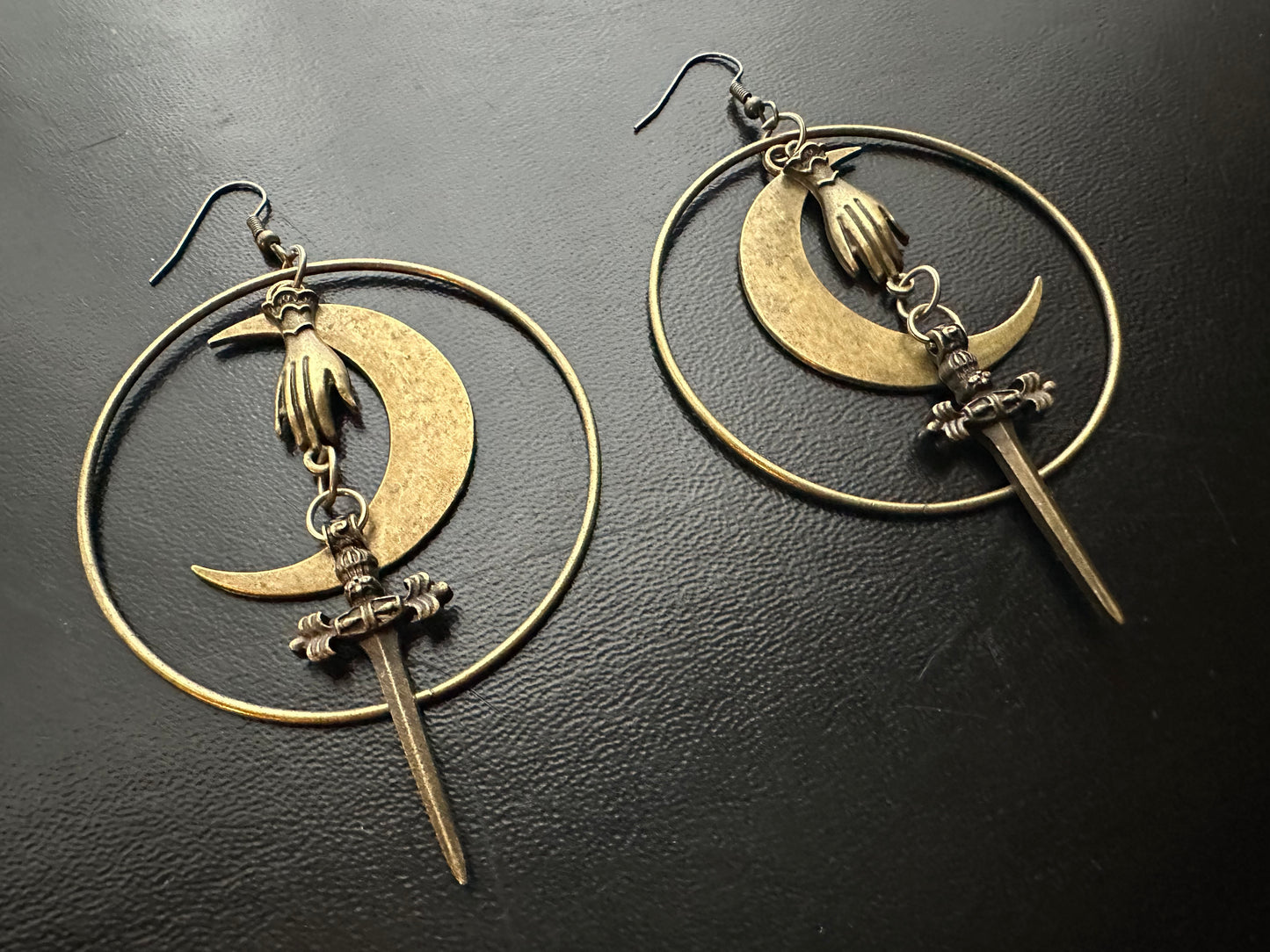 Large Brass Moon Sword Earrings | Hoop Hand Goth Metal Witchy Earrings | Chandelier Dangle Crescent Moon Jewelry | Witch Gift Earrings