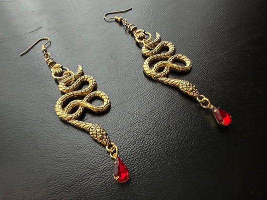 Large Snake Earrings Gold Metal Ruby | Snake Hand Goth Metal Witchy Earrings | Chandelier Dangle Serpent Jewelry | Witch Gift Earrings