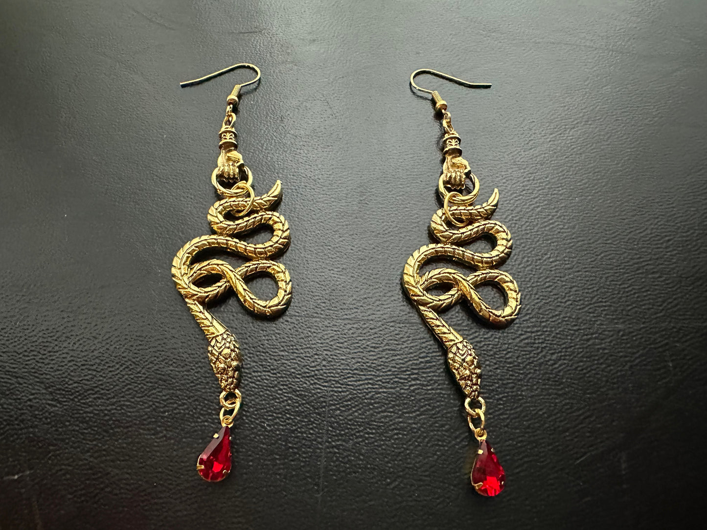 Large Snake Earrings Gold Metal Ruby | Snake Hand Goth Metal Witchy Earrings | Chandelier Dangle Serpent Jewelry | Witch Gift Earrings