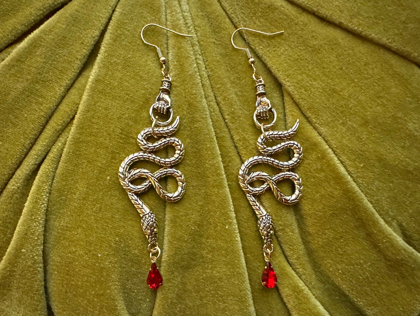 Large Snake Earrings Gold Metal Ruby | Snake Hand Goth Metal Witchy Earrings | Chandelier Dangle Serpent Jewelry | Witch Gift Earrings