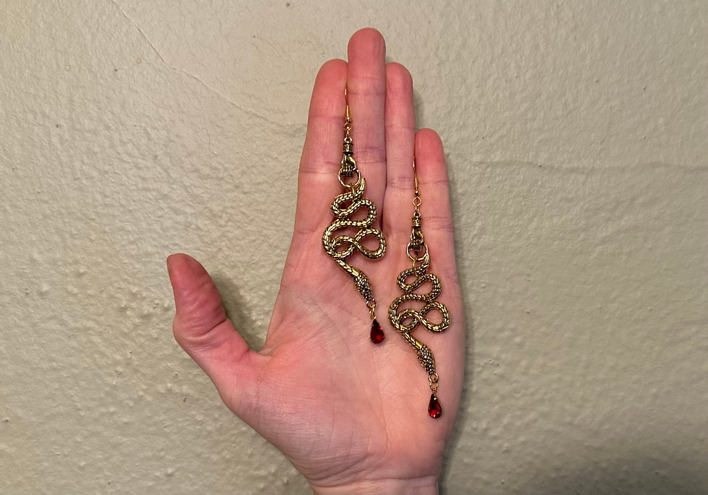 Large Snake Earrings Gold Metal Ruby | Snake Hand Goth Metal Witchy Earrings | Chandelier Dangle Serpent Jewelry | Witch Gift Earrings