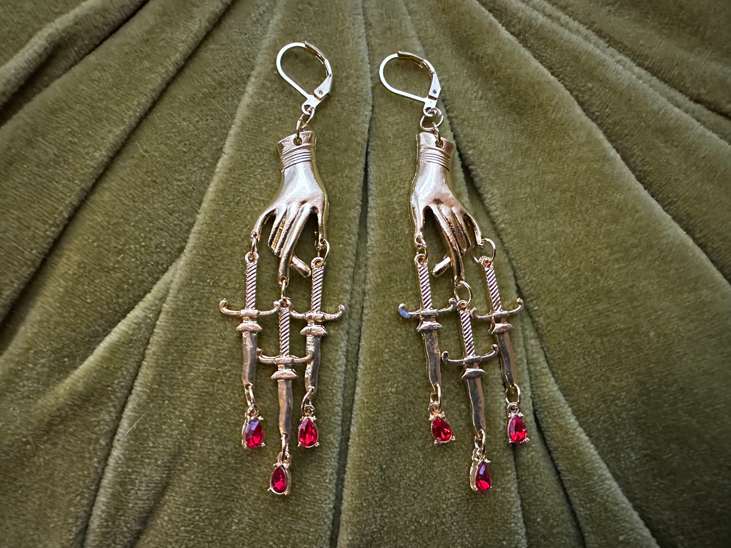 Hand Dagger Earrings Gold Metal Ruby | Hand Goth Metal Witchy Earrings | Chandelier Dangle Serpent Jewelry | Witch Gift Earrings