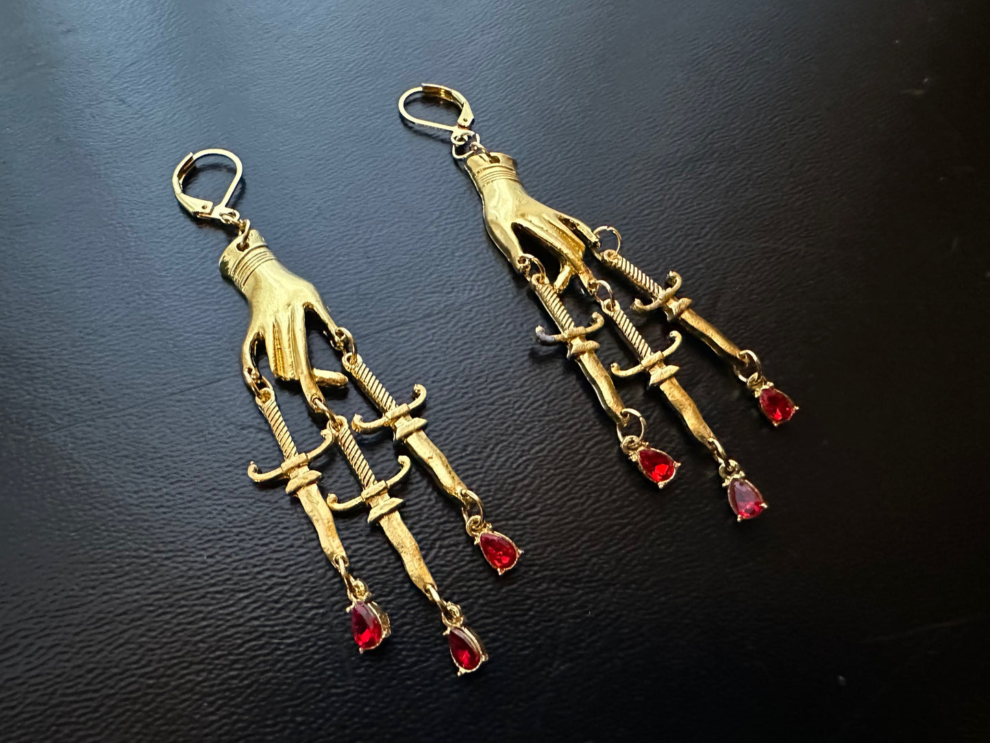 Hand Dagger Earrings Gold Metal Ruby | Hand Goth Metal Witchy Earrings | Chandelier Dangle Serpent Jewelry | Witch Gift Earrings