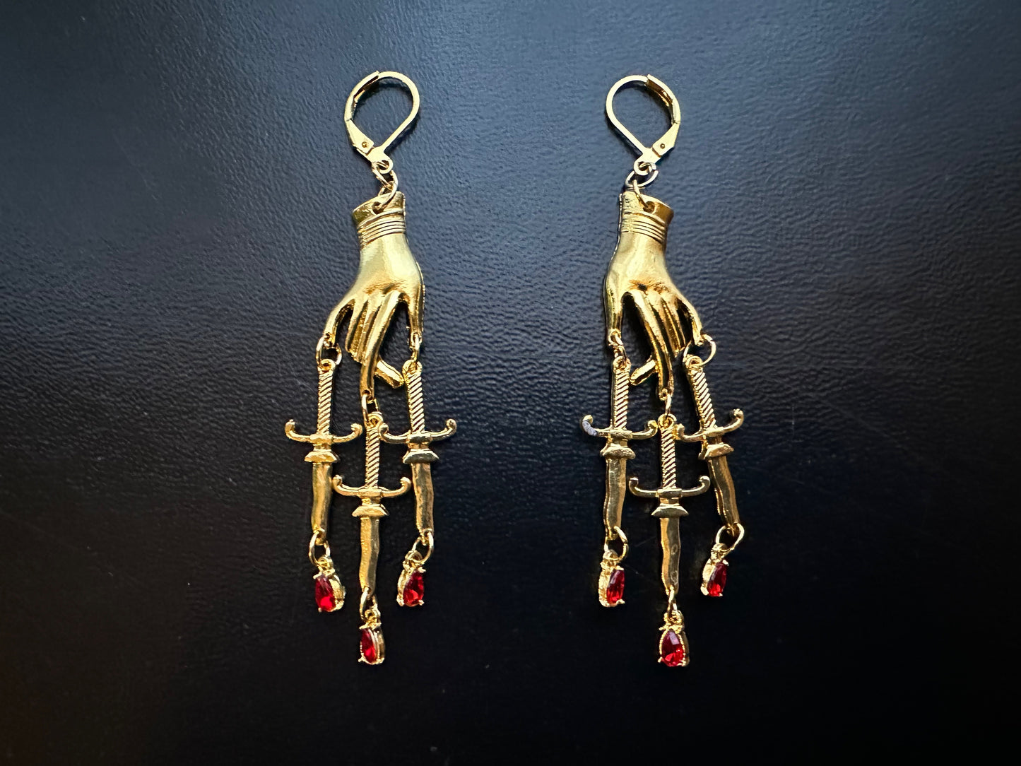 Hand Dagger Earrings Gold Metal Ruby | Hand Goth Metal Witchy Earrings | Chandelier Dangle Serpent Jewelry | Witch Gift Earrings