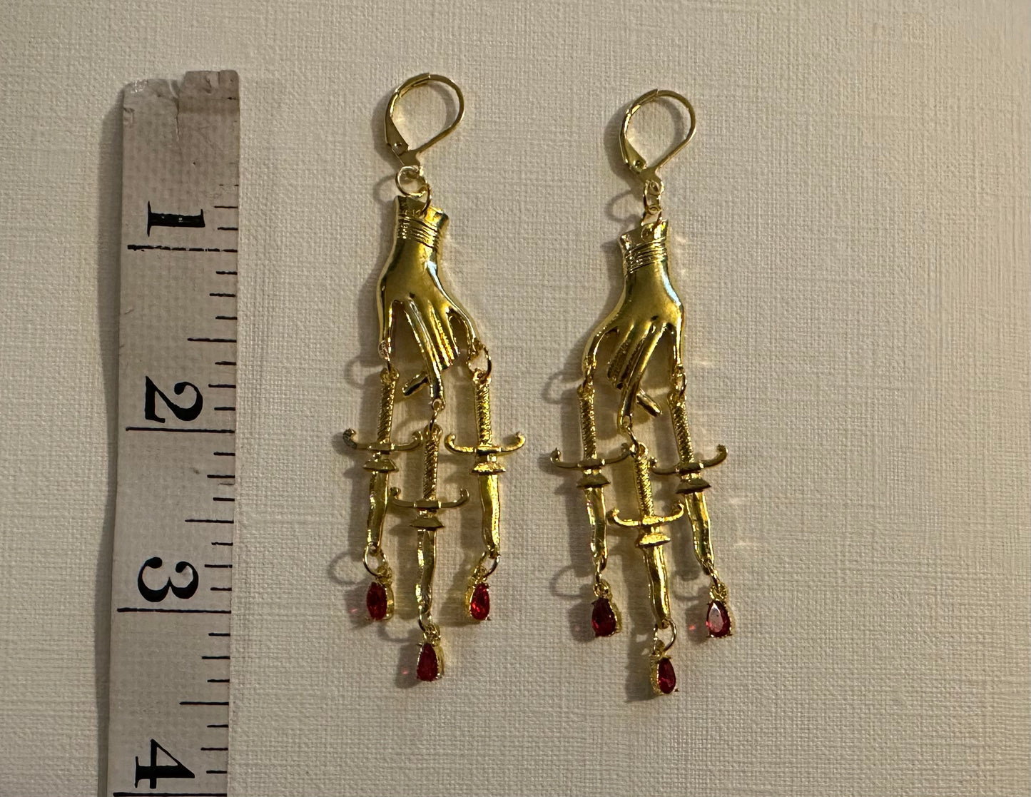 Hand Dagger Earrings Gold Metal Ruby | Hand Goth Metal Witchy Earrings | Chandelier Dangle Serpent Jewelry | Witch Gift Earrings