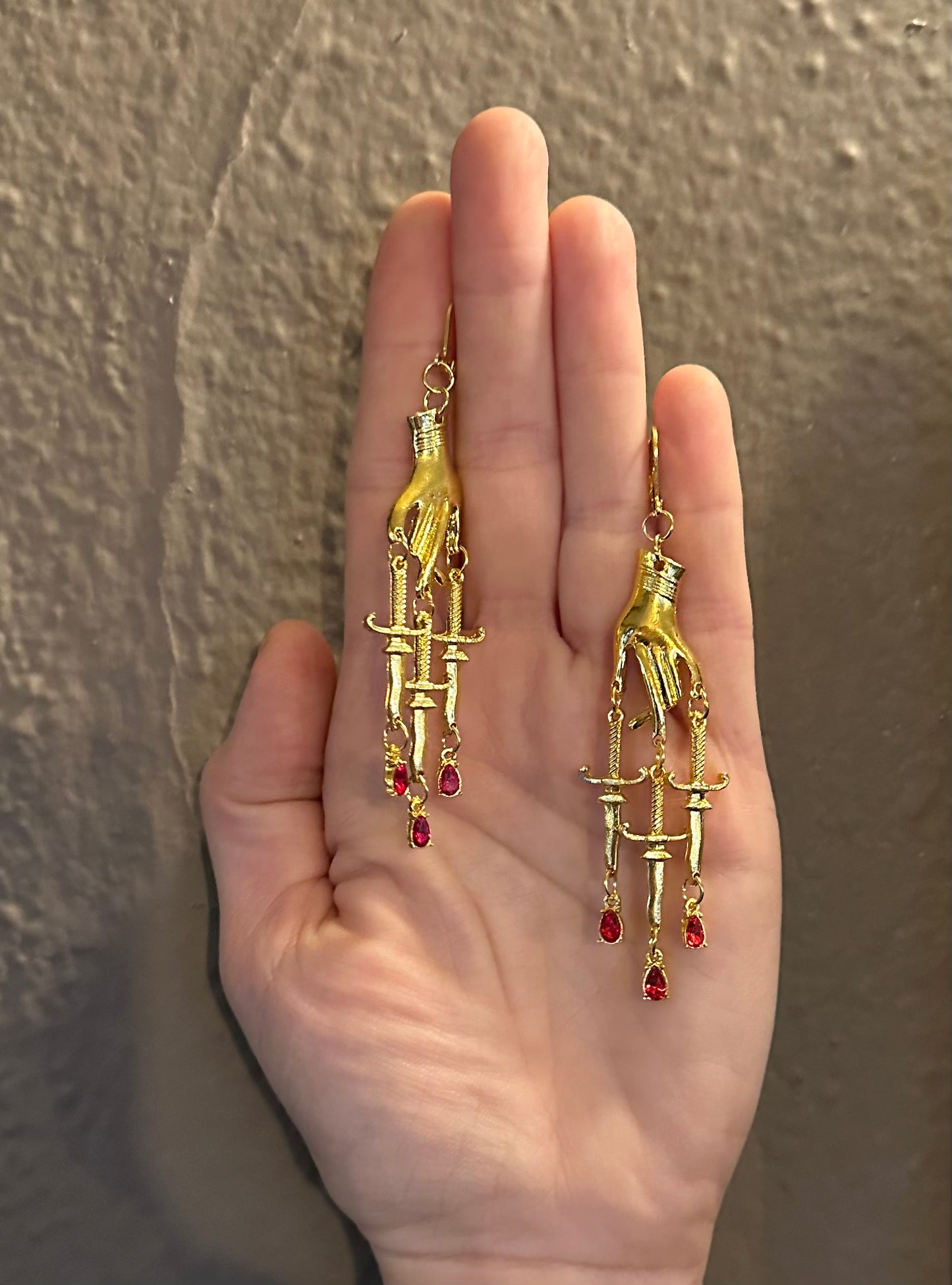 Hand Dagger Earrings Gold Metal Ruby | Hand Goth Metal Witchy Earrings | Chandelier Dangle Serpent Jewelry | Witch Gift Earrings